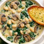 Creamy One-Pot White Bean Mushroom Stew with spinach and garlic toast in a rustic bowl