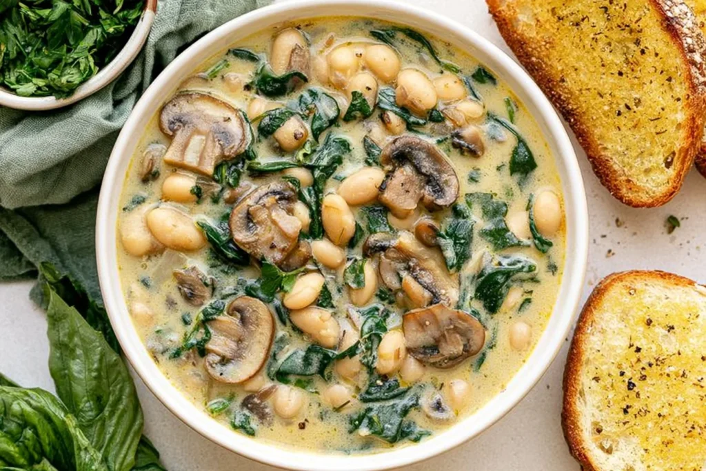 Creamy One-Pot White Bean Mushroom Stew with spinach and toasted bread served in a bowl