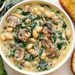 Creamy One-Pot White Bean Mushroom Stew with spinach and toasted bread served in a bowl
