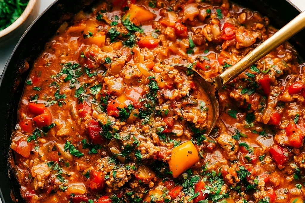 Unstuffed Peppers with ground turkey, red and orange bell peppers, onions, tomato sauce, and fresh parsley in a skillet.