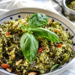 Pesto Quinoa with Roasted Veggies topped with fresh basil, roasted vegetables, sun-dried tomatoes, and crunchy almonds.