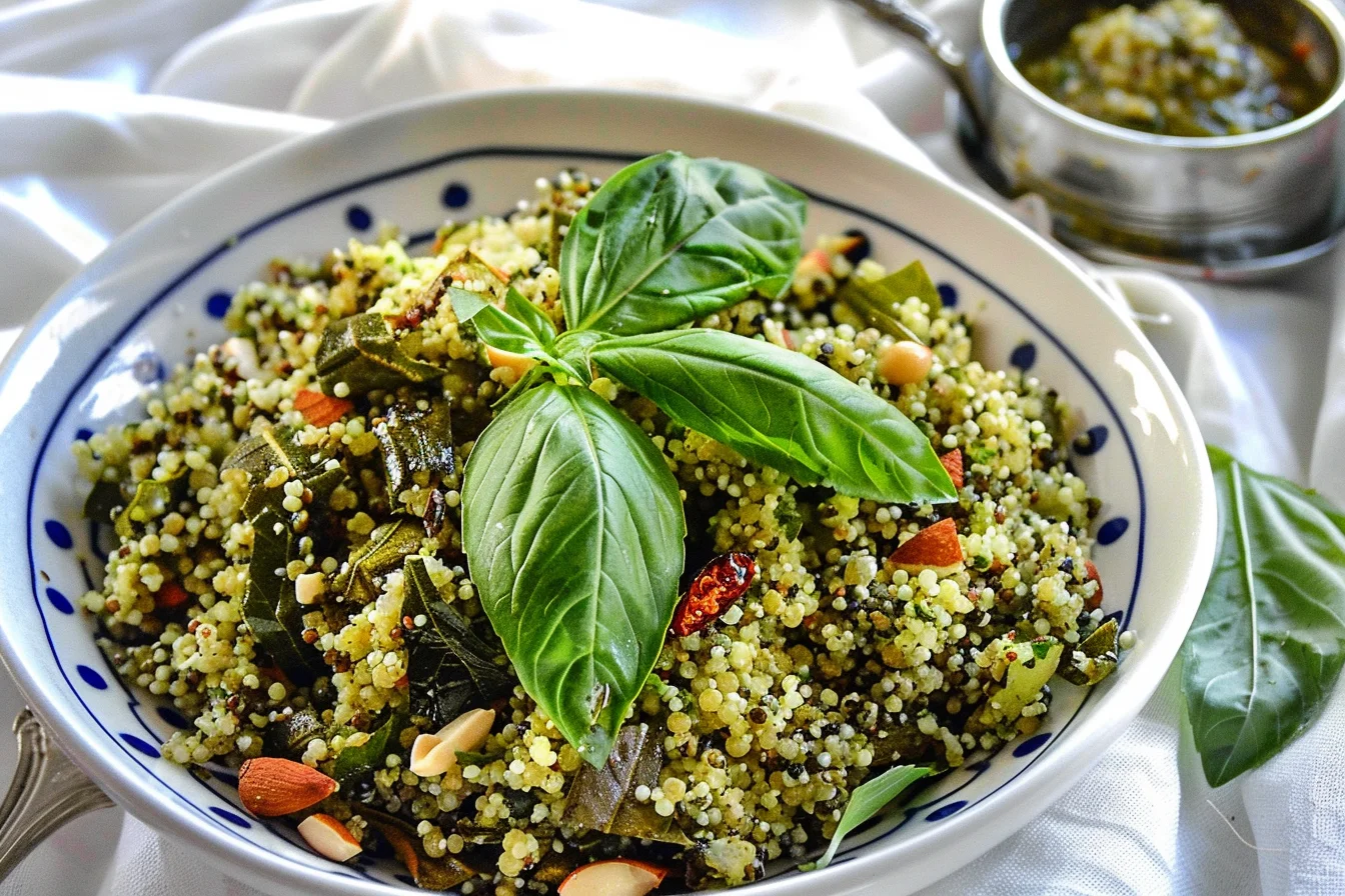 Pesto Quinoa with Roasted Veggies topped with fresh basil, roasted vegetables, sun-dried tomatoes, and crunchy almonds.