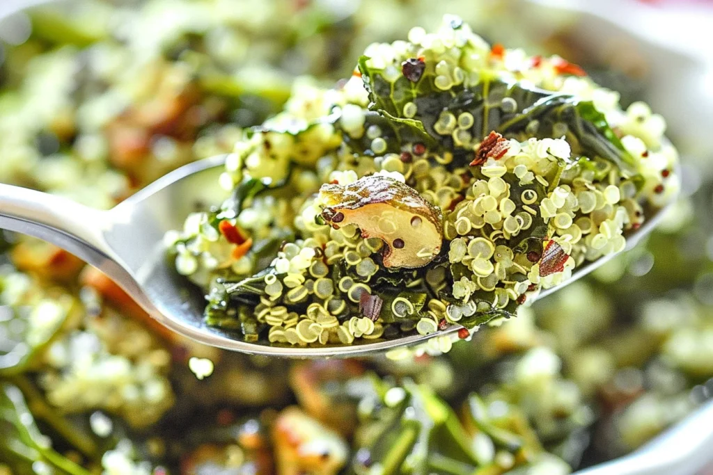 Pesto Quinoa with Roasted Veggies served on a spoon with roasted zucchini, greens, herbs, and red pepper flakes.