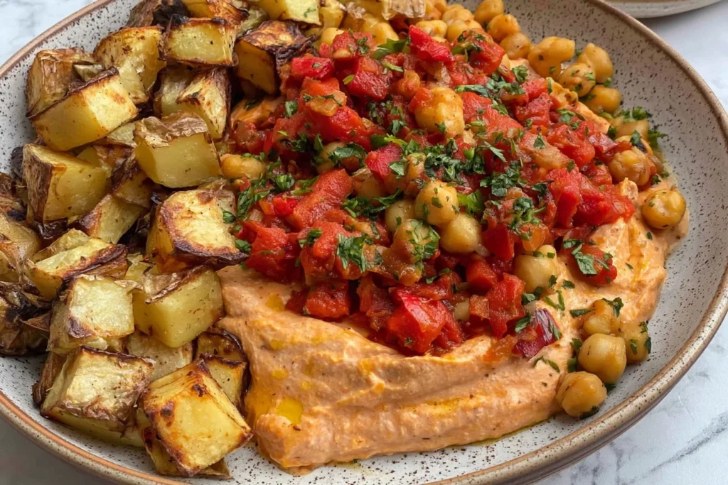 Red Pepper Feta Dip with Roasted Potatoes & Chickpeas topped with roasted red peppers and fresh herbs