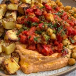 Red Pepper Feta Dip with Roasted Potatoes & Chickpeas topped with roasted red peppers and fresh herbs