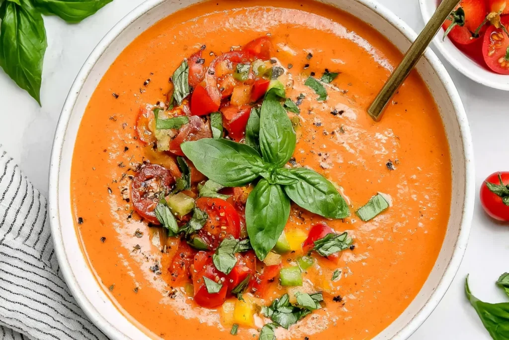 Easy Gazpacho Recipe with fresh tomatoes, cucumber, basil, and olive oil served chilled in a bowl