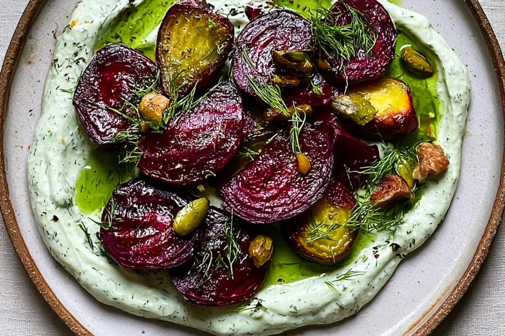 Roasted beets with dill cream topped with fresh dill, pistachios, and olive oil on a rustic serving plate.