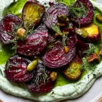 Roasted beets with dill cream topped with fresh dill, pistachios, and olive oil on a rustic serving plate.