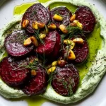 Roasted beets with dill cream topped with fresh dill and golden nuts on a serving plate