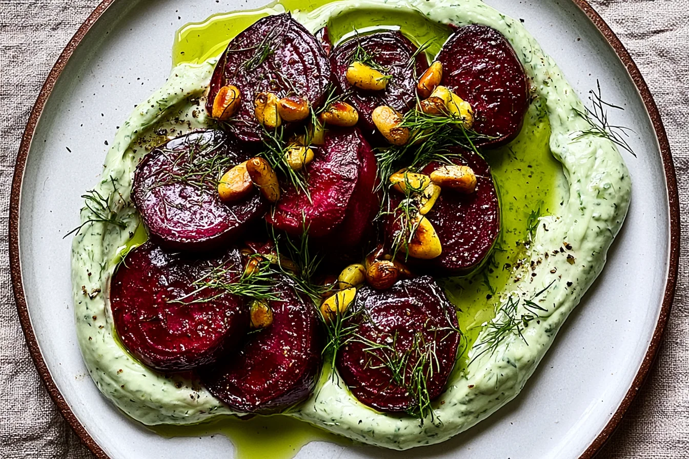 Roasted beets with dill cream topped with fresh dill and golden nuts on a serving plate