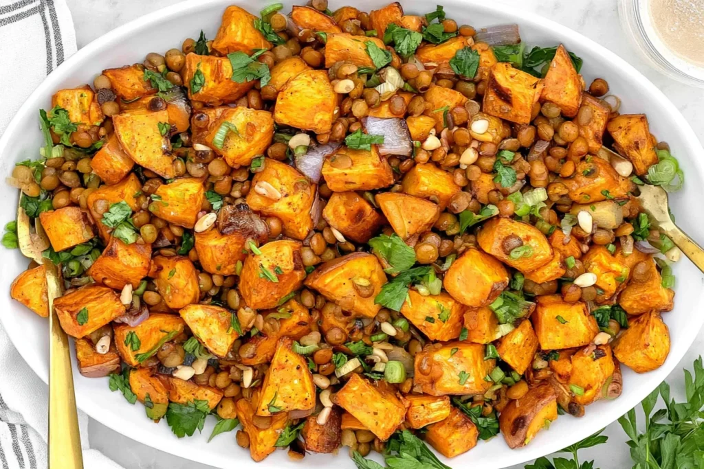 Lentil Sweet Potato Salad with roasted sweet potato cubes, tender lentils, fresh parsley, green onions, and crunchy nuts.