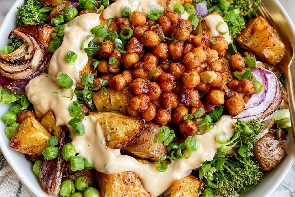 Roasted Potato Salad with BBQ Chickpeas featuring crispy golden potatoes, roasted broccoli, red onion, greens, and creamy tahini sauce.