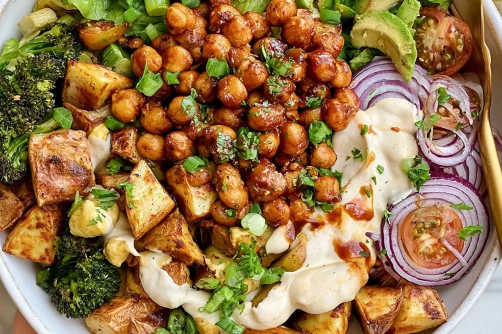 Roasted Potato Salad with BBQ Chickpeas topped with creamy tahini sauce, roasted broccoli, red onion, tomatoes, avocado, and fresh herbs.