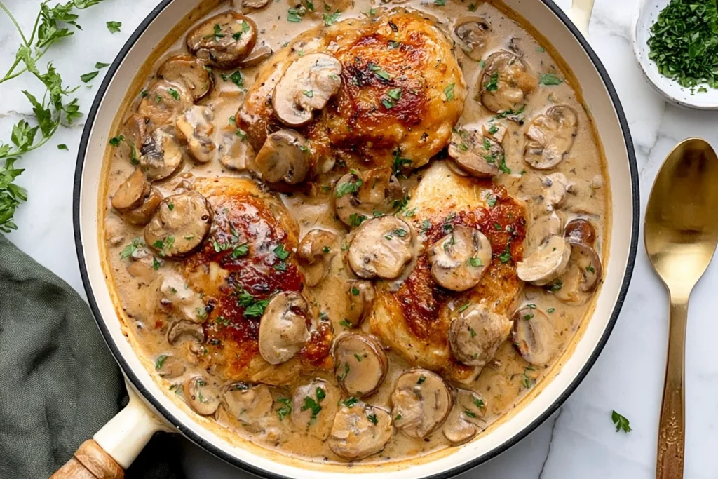 Skillet Mushroom Chicken with creamy garlic mushroom sauce and seared golden chicken thighs