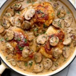 Skillet Mushroom Chicken with creamy garlic mushroom sauce and seared golden chicken thighs