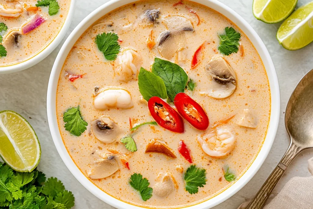 Slow Cooker Tom Kha Soup creamy Thai coconut chicken soup with shrimp, mushrooms, red chili, and fresh cilantro garnish