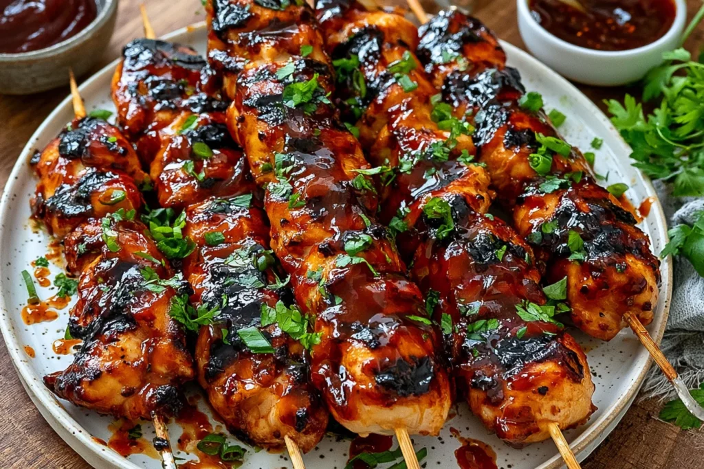Honey Chipotle Grilled Chicken Skewers with glossy smoky glaze, charred grill marks, and fresh herb garnish on a serving plate