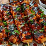 Honey Chipotle Grilled Chicken Skewers with glossy smoky glaze, charred grill marks, and fresh herb garnish on a serving plate