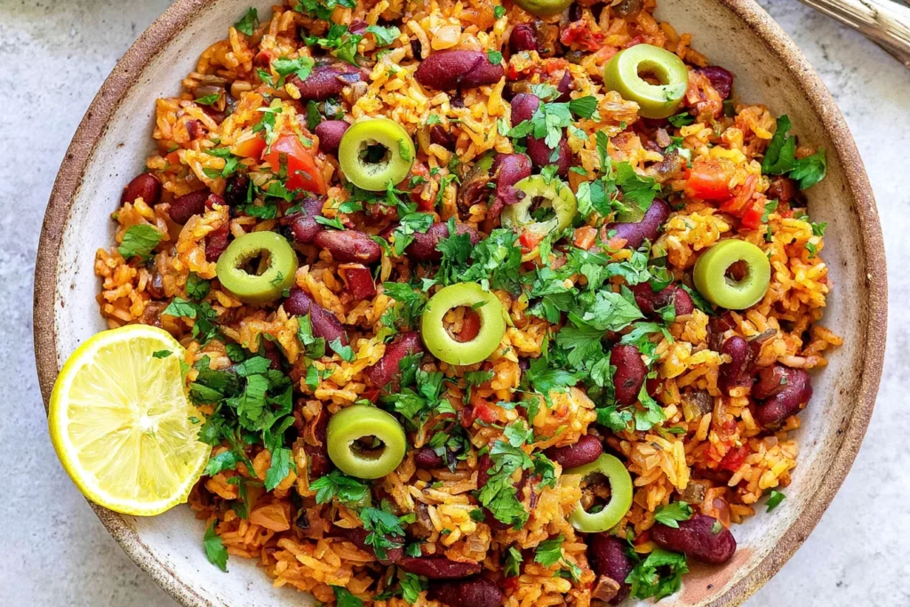 Spanish Rice and Beans one pot dish with kidney beans, green olives, parsley, and lemon slice in a rustic bowl