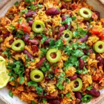 Spanish Rice and Beans one pot dish with kidney beans, green olives, parsley, and lemon slice in a rustic bowl