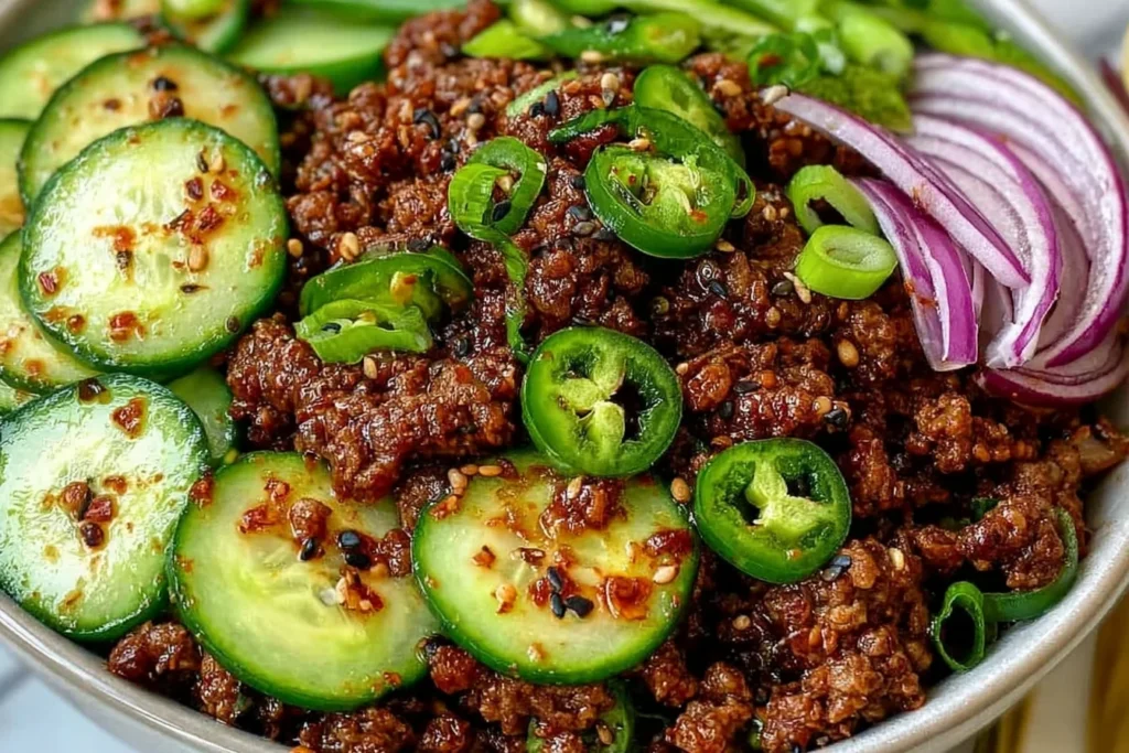 Spicy Korean Ground Beef with Cucumber Salad topped with jalapeños, sesame seeds, and red onions in a bowl