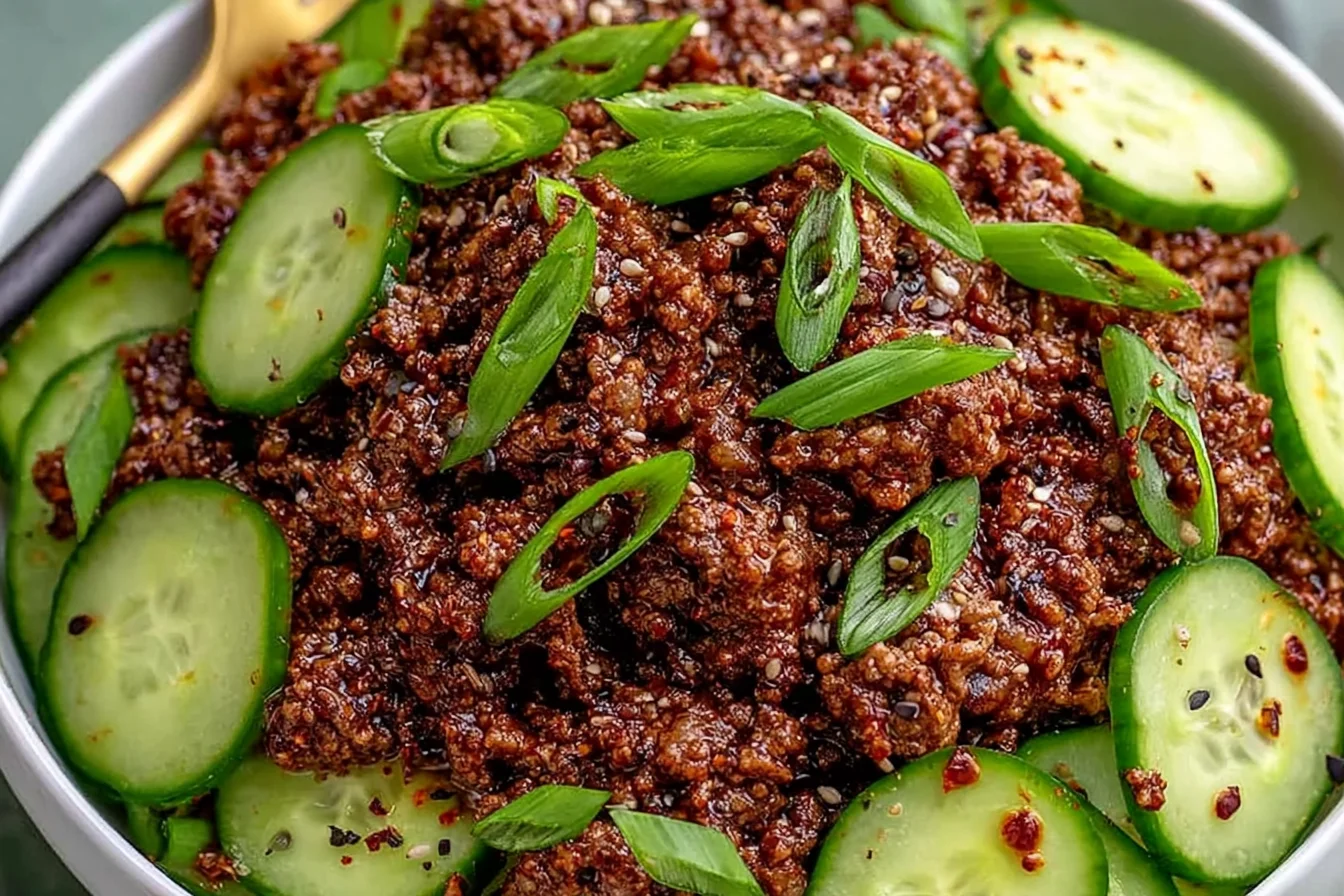 Korean Ground Beef with Cucumber Salad topped with green onions and sesame seeds in a bowl