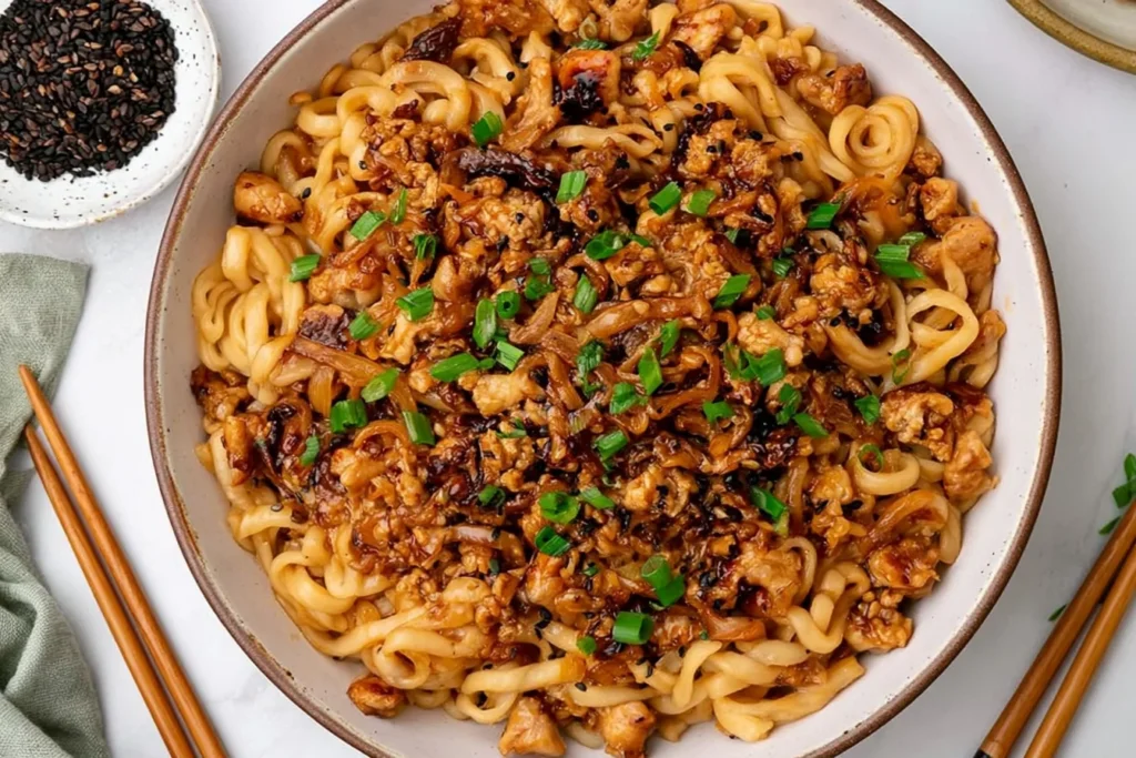 Honey Garlic Chicken Noodles with sticky sauce, ground chicken, and scallions in a bowl