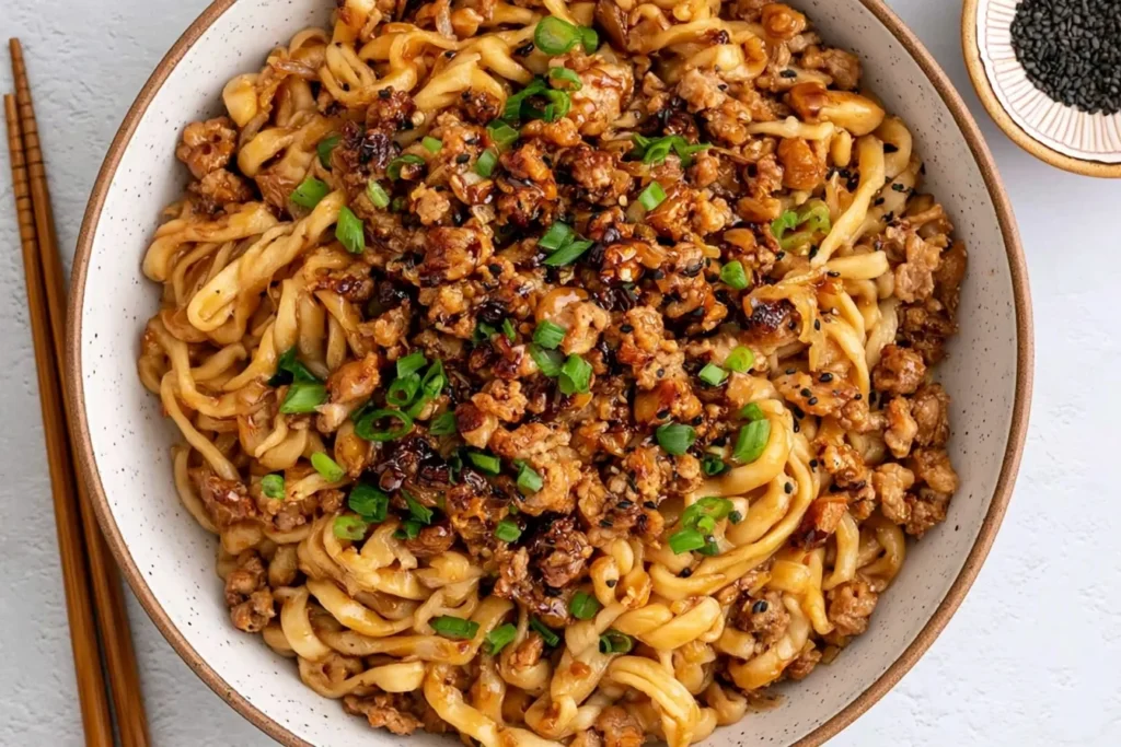 Close-up of Honey Garlic Chicken Noodles with sticky sauce, ground chicken, sesame seeds, and green onions