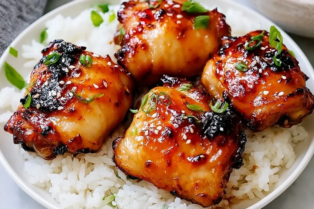 Sweet Chili Air Fryer Chicken Thighs glazed with sticky sauce served over white rice with sesame seeds and green onions