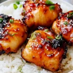 Sweet Chili Air Fryer Chicken Thighs glazed with sticky sauce served over white rice with sesame seeds and green onions