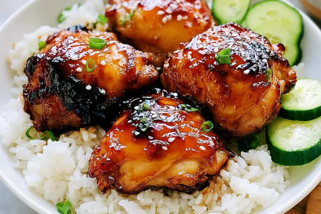 Sweet Chili Air Fryer Chicken Thighs glazed and served over rice with sesame seeds and fresh cucumber slices