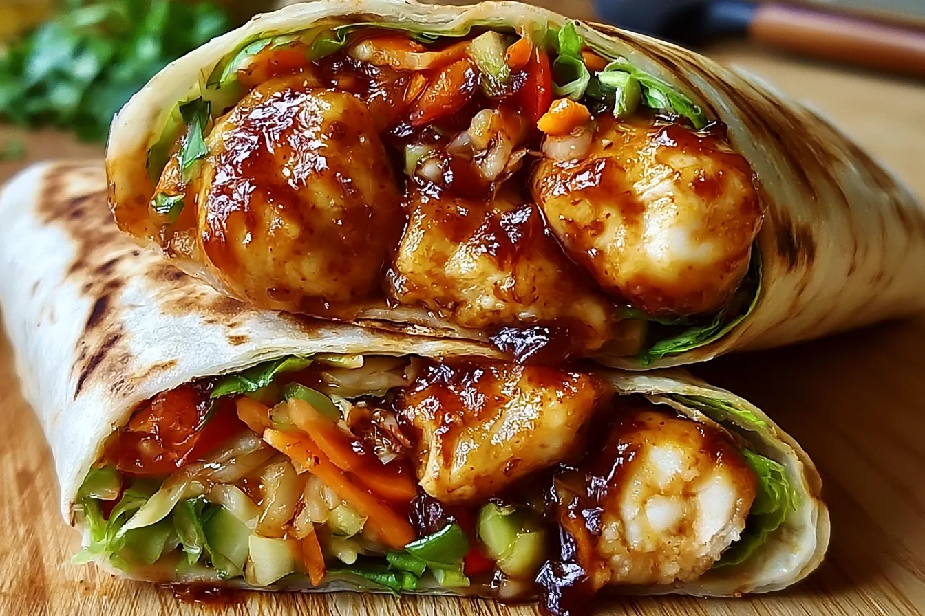 Sweet Chili Chicken Wraps filled with juicy glazed chicken, crisp vegetables, and wrapped in a soft tortilla