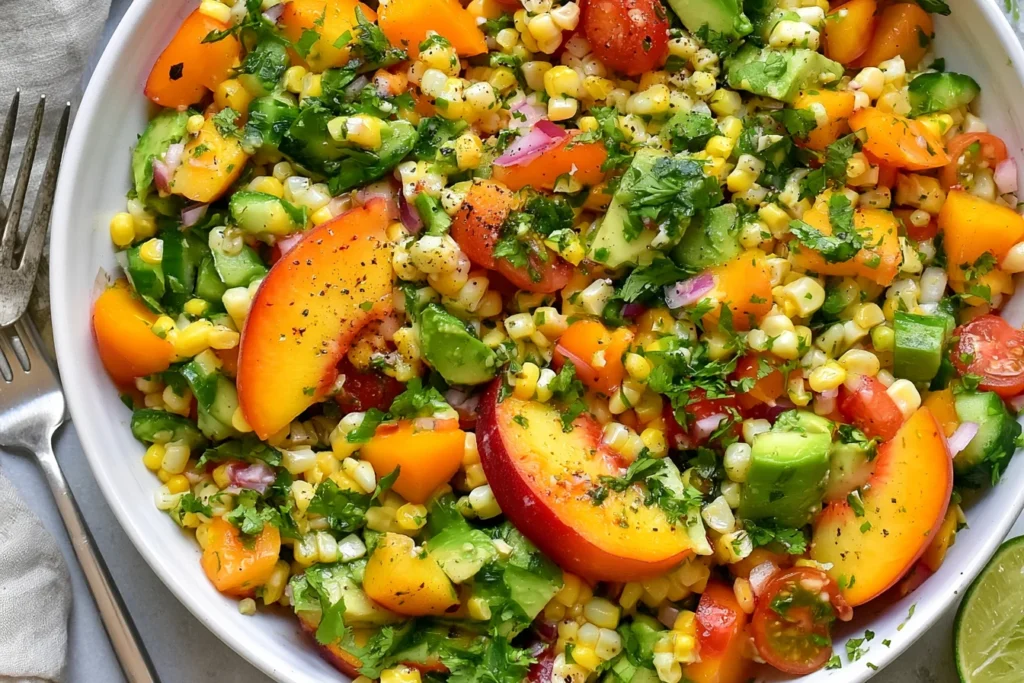 Sweet corn salad with peaches, avocado, tomatoes, red onion, cilantro, and fresh lime in a white serving bowl.