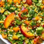 Sweet corn salad with peaches, avocado, tomatoes, red onion, cilantro, and fresh lime in a white serving bowl.