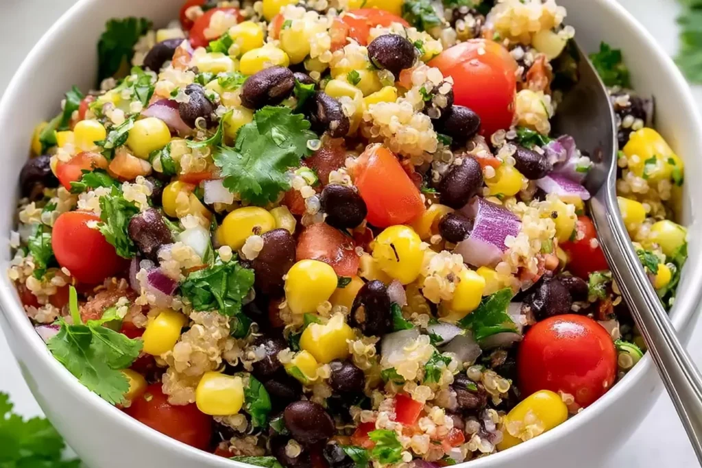 Close-up of Sweet Corn and Black Bean Quinoa Salad with quinoa, black beans, sweet corn, cherry tomatoes, red onion, cilantro, and lime dressing