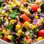 Close-up of Sweet Corn and Black Bean Quinoa Salad with quinoa, black beans, sweet corn, cherry tomatoes, red onion, cilantro, and lime dressing