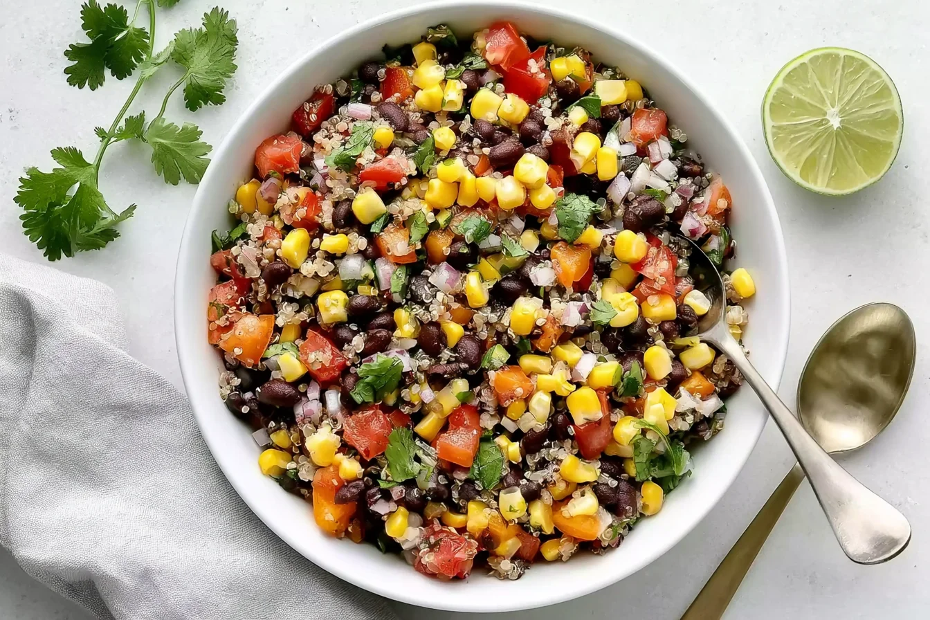 Sweet Corn and Black Bean Quinoa Salad served in a white bowl with quinoa, black beans, sweet corn, tomatoes, cilantro, red onion, and fresh lime
