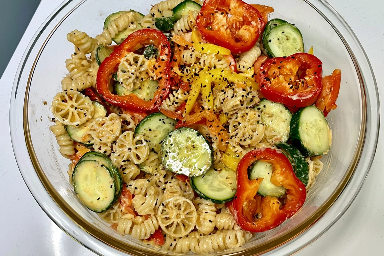 Sweet Pepper Pasta Salad with colorful sweet peppers, cucumber, pasta, creamy dressing, and everything bagel seasoning.