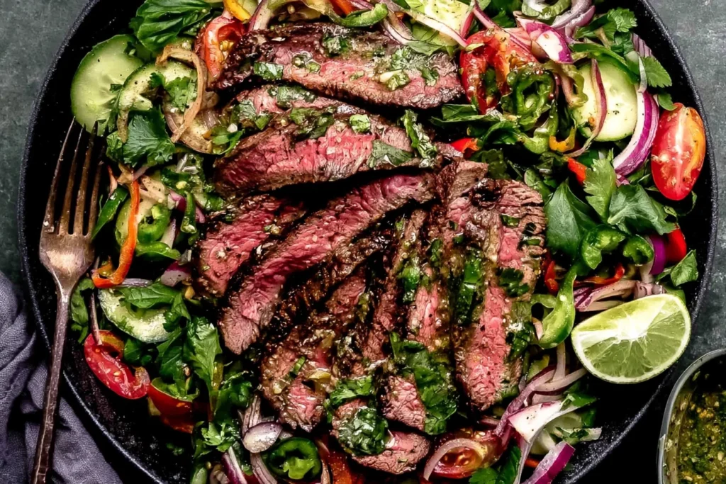 Thai Beef Salad with sliced medium-rare steak, fresh herbs, cucumbers, and lime dressing in a vibrant bowl
