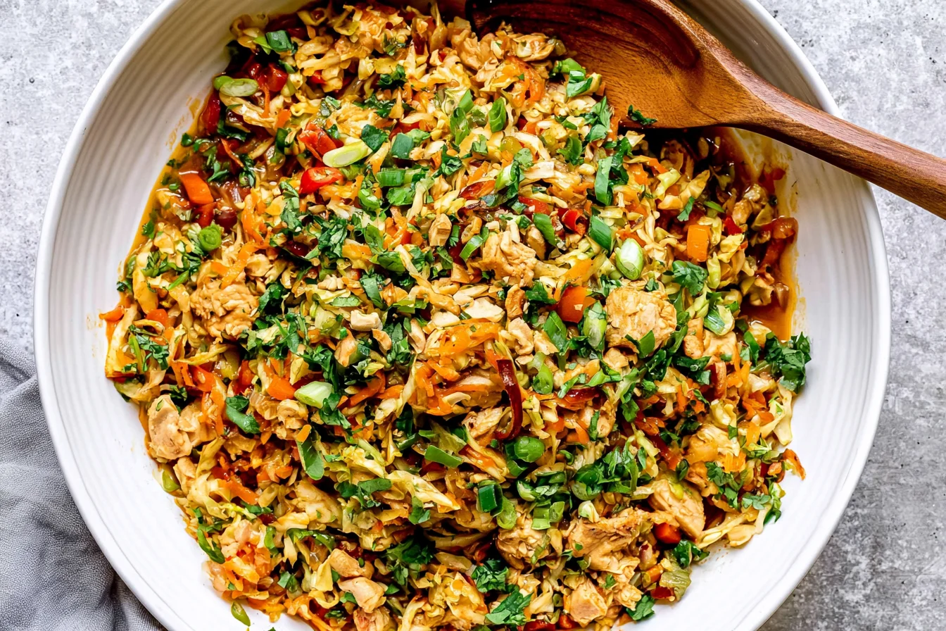 Thai Chicken Cabbage Stir Fry with chicken, shredded cabbage, carrots, green onions, cilantro, and savory peanut sauce.