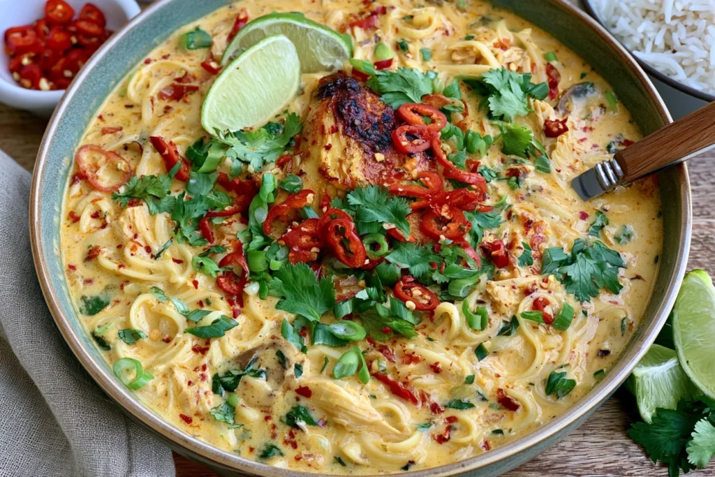 Thai Curry Rotisserie Chicken Soup with creamy coconut curry broth, noodles, chicken, fresh cilantro, red chilies, green onions, and lime wedges.