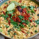 Thai Curry Rotisserie Chicken Soup with creamy coconut curry broth, noodles, chicken, fresh cilantro, red chilies, green onions, and lime wedges.