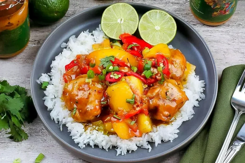 Thai Peach Chicken served over jasmine rice with juicy peaches, tender chicken, red chili, and lime slices