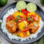 Thai Peach Chicken served over jasmine rice with juicy peaches, tender chicken, red chili, and lime slices