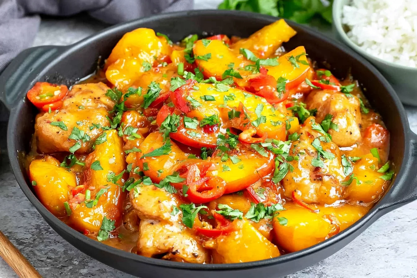 Thai Peach Chicken with juicy chicken, sweet peaches, red chili slices, and fresh herbs in a glossy savory sauce