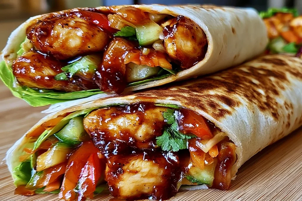 Sweet Chili Chicken Wraps packed with glazed chicken, fresh vegetables, and wrapped in a toasted tortilla