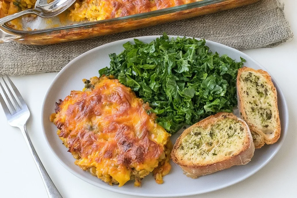 Very Veggie Lentil Bake served with fresh greens and garlic bread, featuring a crispy golden cheddar topping.