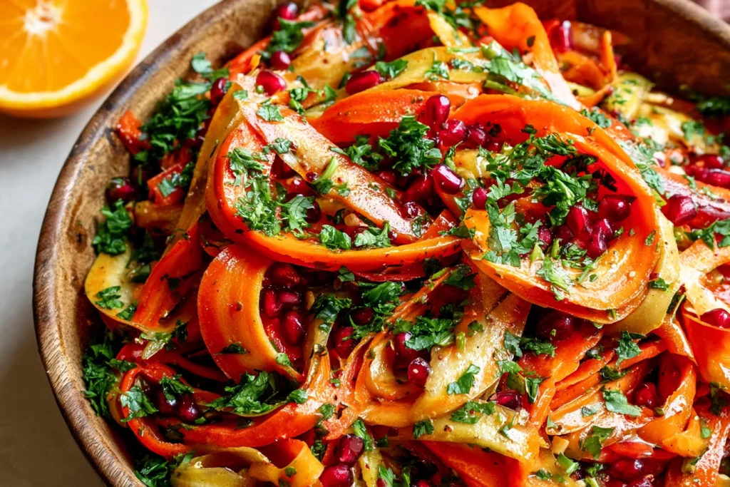 Colorful Carrot Salad with citrus miso-ginger dressing, pomegranate seeds, and fresh herbs in a rustic bowl