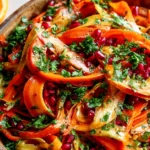Colorful Carrot Salad with citrus miso-ginger dressing, pomegranate seeds, and fresh herbs in a rustic bowl