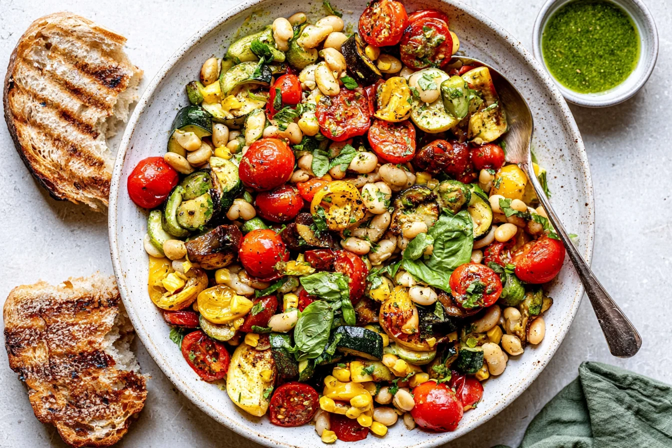 White bean salad with summer vegetables, grilled zucchini, corn, cherry tomatoes, cannellini beans, basil, and toasted bread.